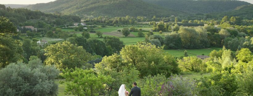 Rear of wedding couple in garden